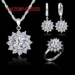 New Fashion Sun Flower Clear Cubic Zirconia Genuine 925 Jewelry Sets For Women Girls Party Birthday Engagement