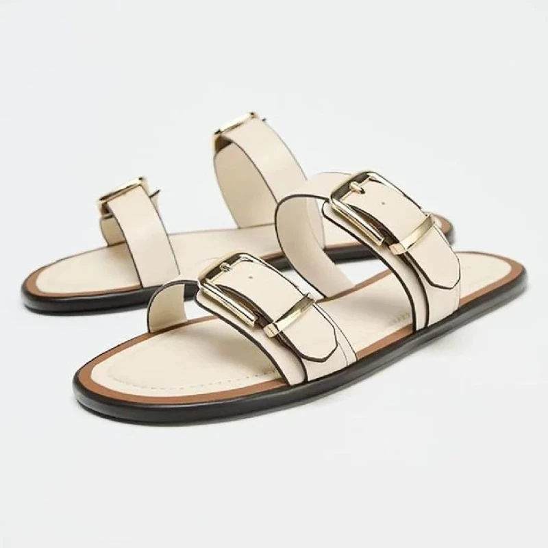 

Элегантные бежевые сандалии на плоской подошве с металлической пряжкой, женская модная брендовая дизайнерская обувь с двойным широким ремешком, удобная нескользящая повседневная пляжная обувь