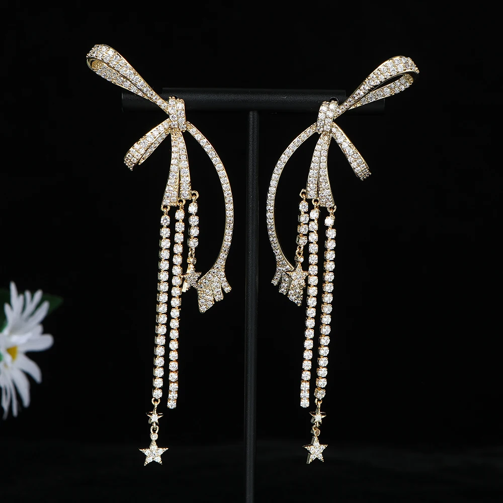 

Luxury Trendy Exquisite bowknot Round Tassel Star Drop Earring For Women Wedding Full Cubic Zircon Dubai Jewelry A0249