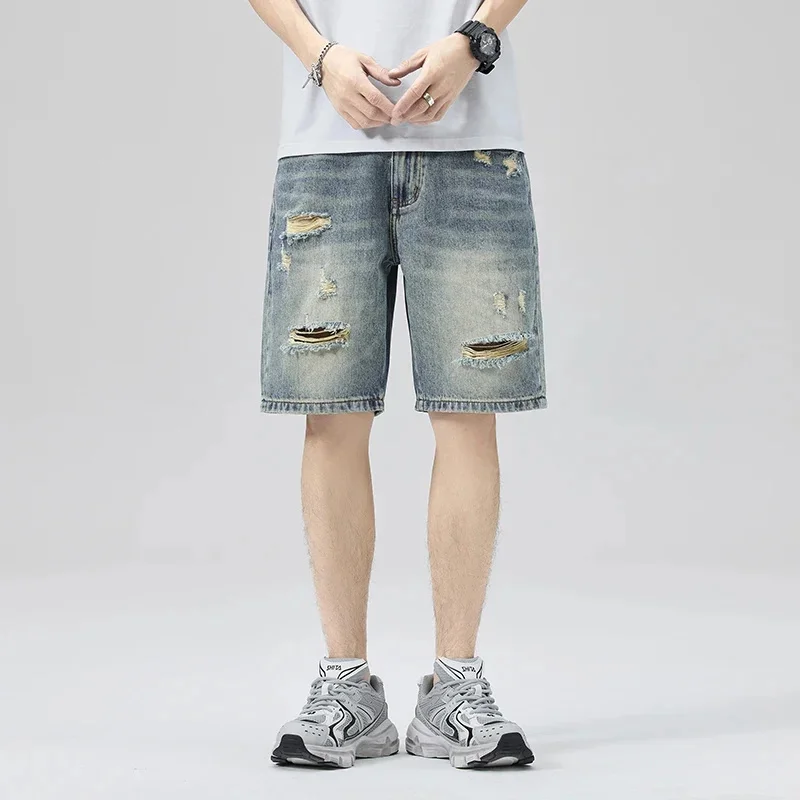 

trend-washed denim shorts Men's summer slim loose retro American high street quarter pants