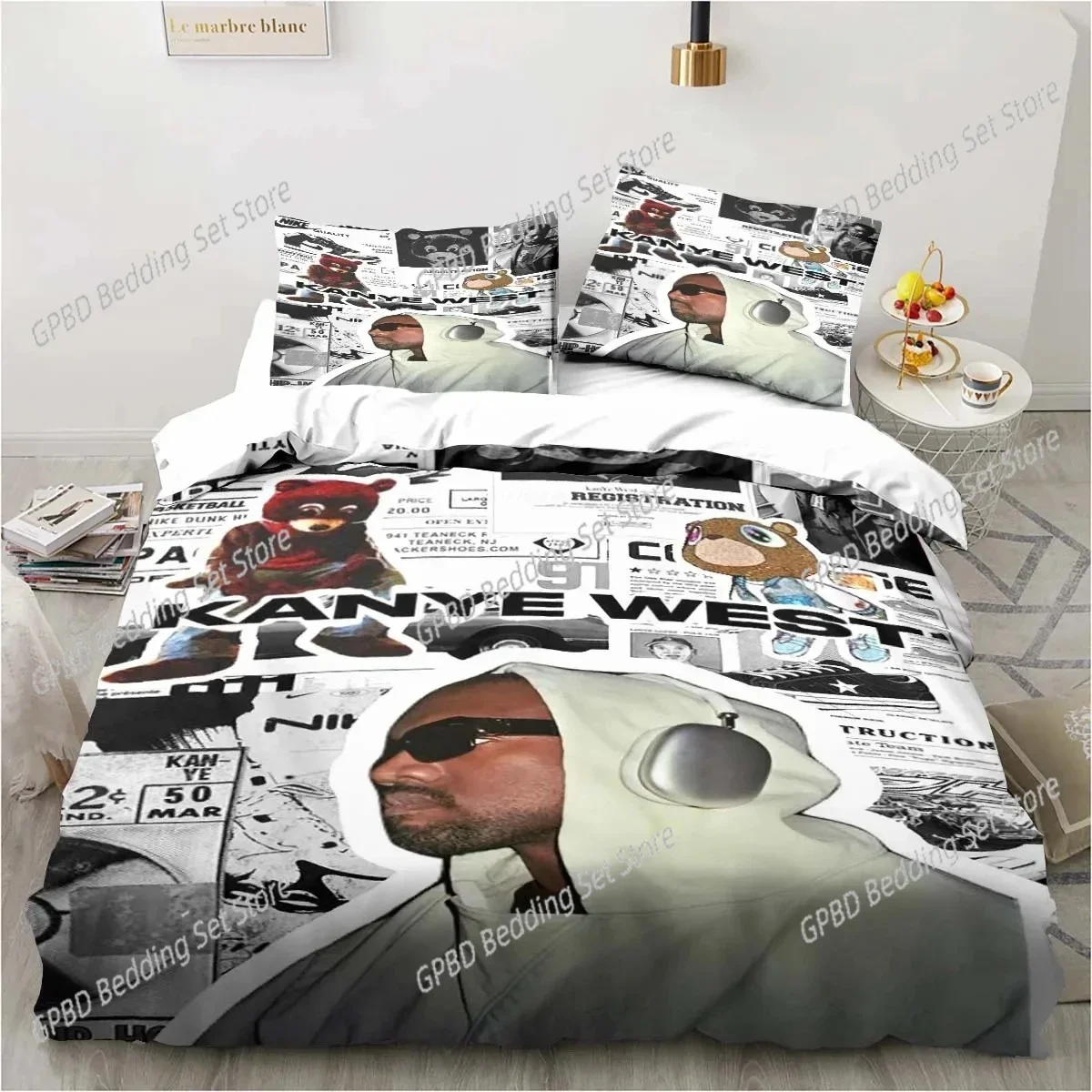 Cartoon Kanye West Rapper Art Bedding Set,Duvet Cover Bed Set Quilt Cover Pillowcase,King Queen Twin Size Boys Girls Adults