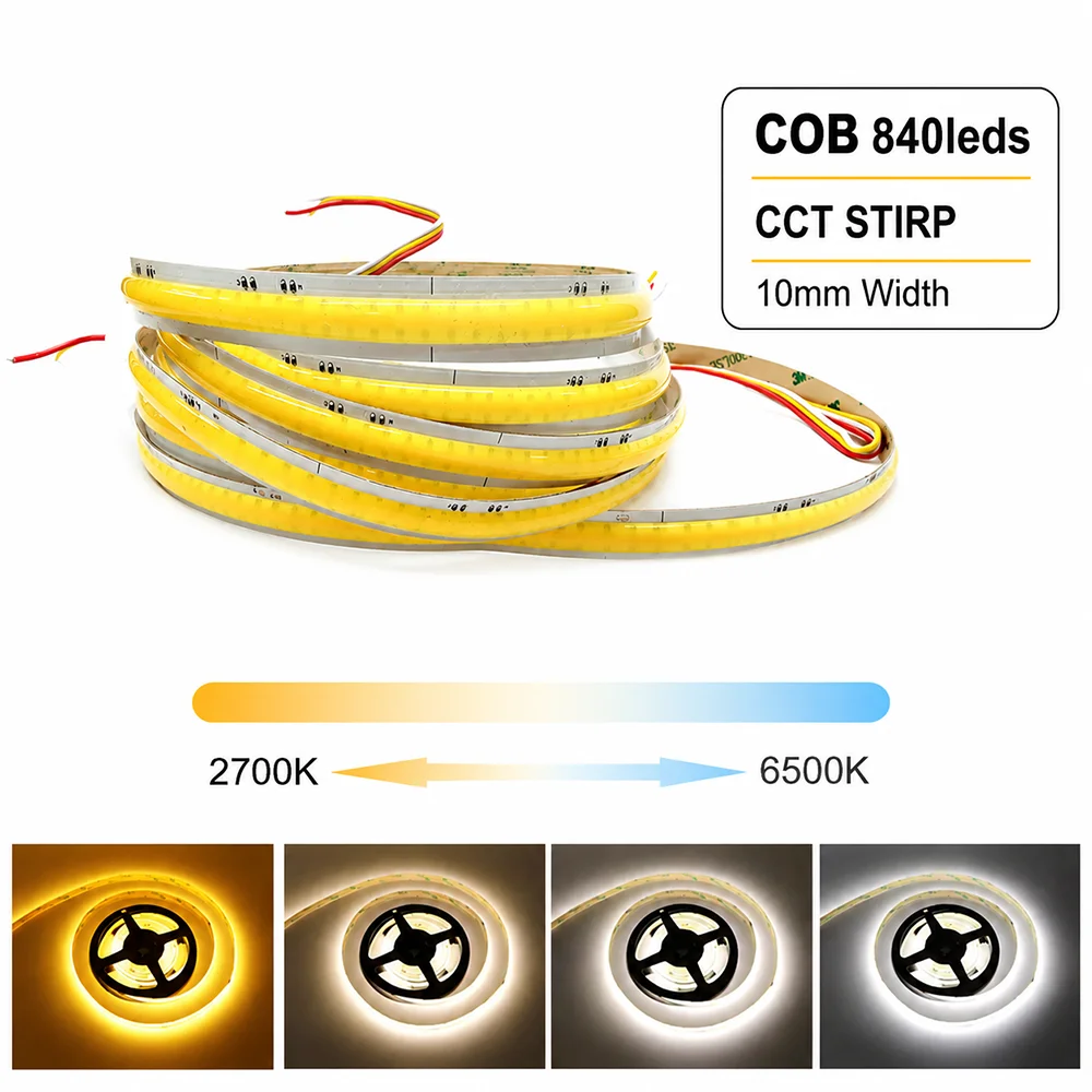 Светодиодная лента COB CCT 20 Вт/м, 840 LED/м, 24 В постоянного тока, 5 м/рулон, диммируемая, 2700-6500K, двухцветная, ширина 10 мм, гибкая, для дома и автомобиля