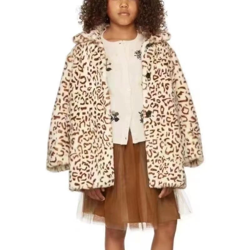 Girl's Autumn and Winter Leopard Print Eco-friendly Faux Fur Coat with A Down Cotton Mid-length Lapel Children Coat