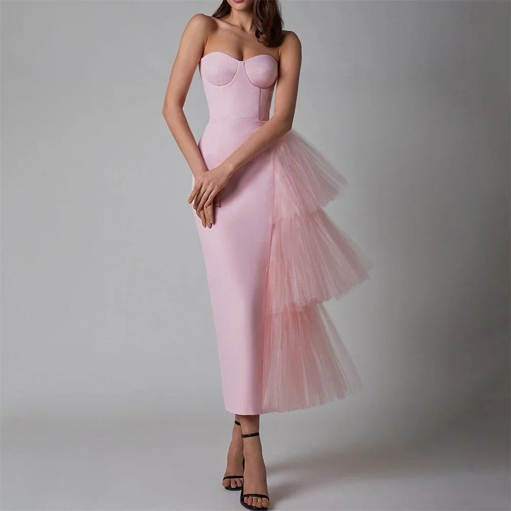 

Customized Prom Dresses With Slit Fashion Strapless Sheath Party Dress Ankle Length Sleeveless Organza Formal Evening G