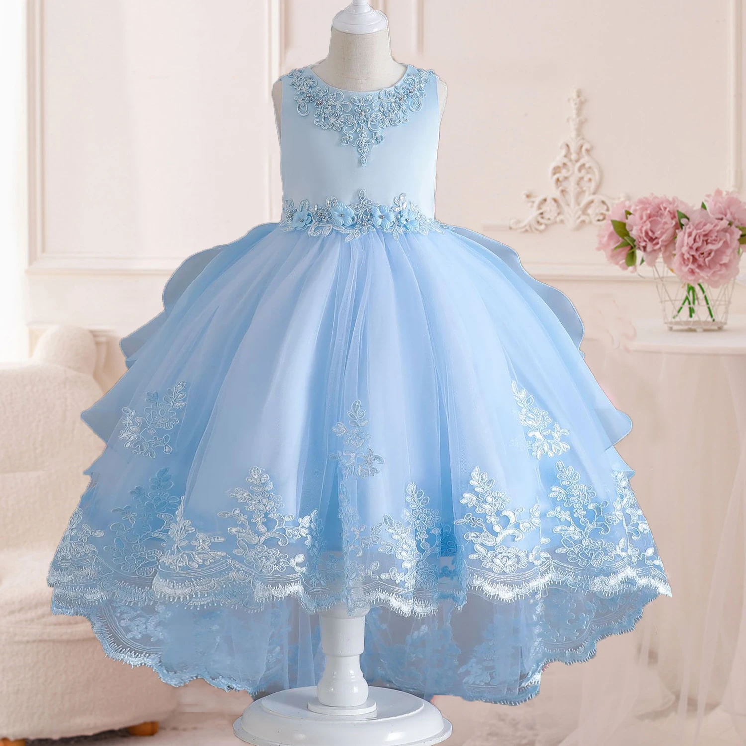 Little Girls Lace Embroidered Flower Girl Dress Birthday Party Pageant Hi-Lo Gown AT122