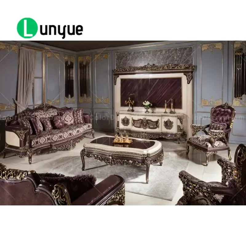 Luxury Turkish Style Sofa Set with Coffee Table Classic Royal Wooden Carving Living Room Furniture High End Elegant Design