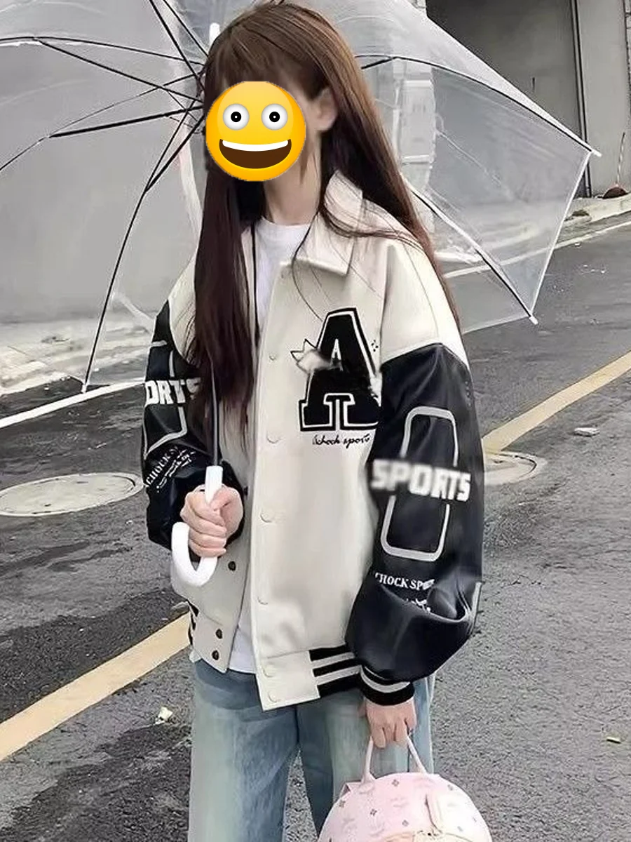 

Retro Couple's Baseball Jaet with Towel Embroidery Stand Collar Splicing Color Contrast Loose Fit Autumn Winter Outerwear