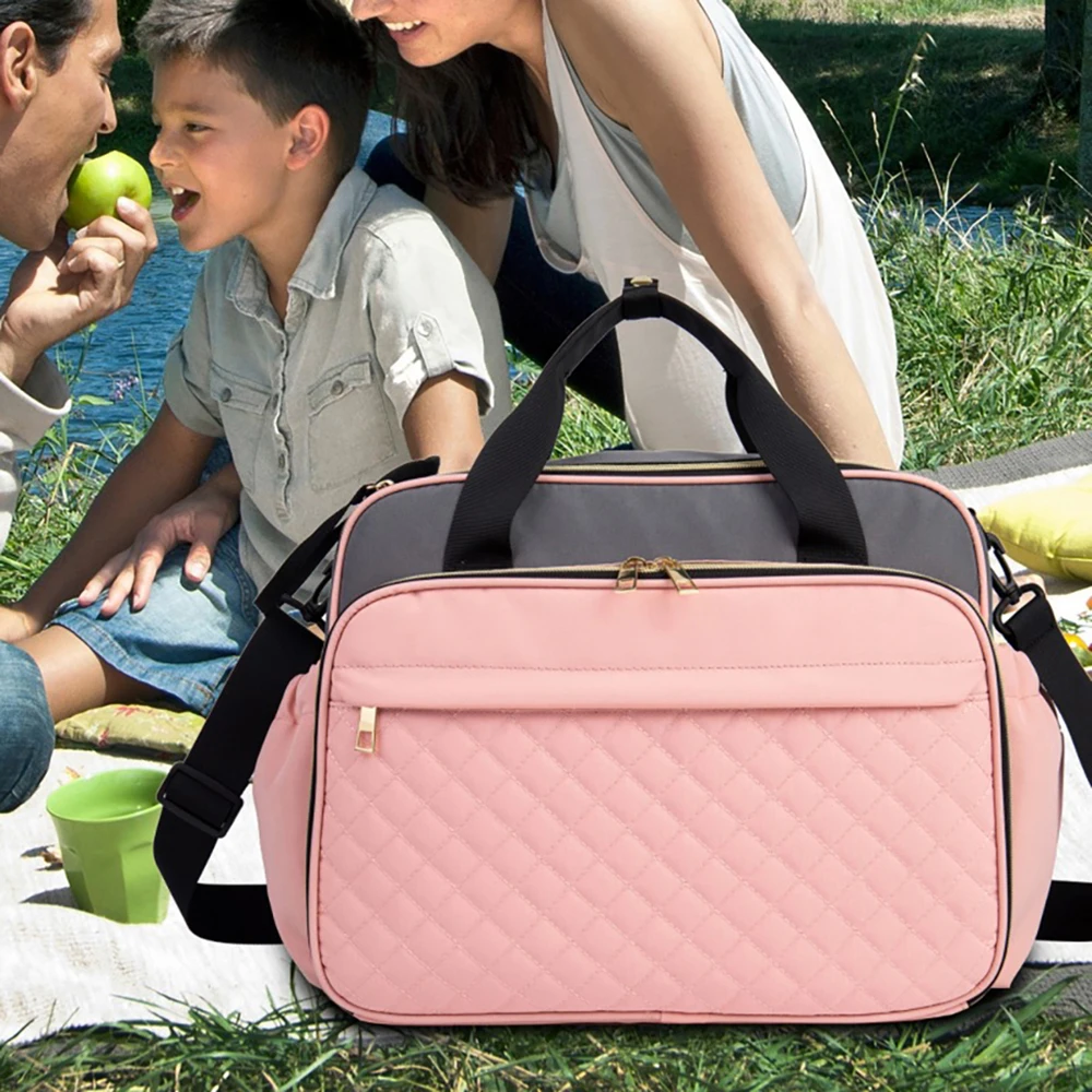 Diaper Bag Pink Quilted High-Capacity All-Baby Essentials Storage Multi-Carry Practical Portable For Mom Daily Care