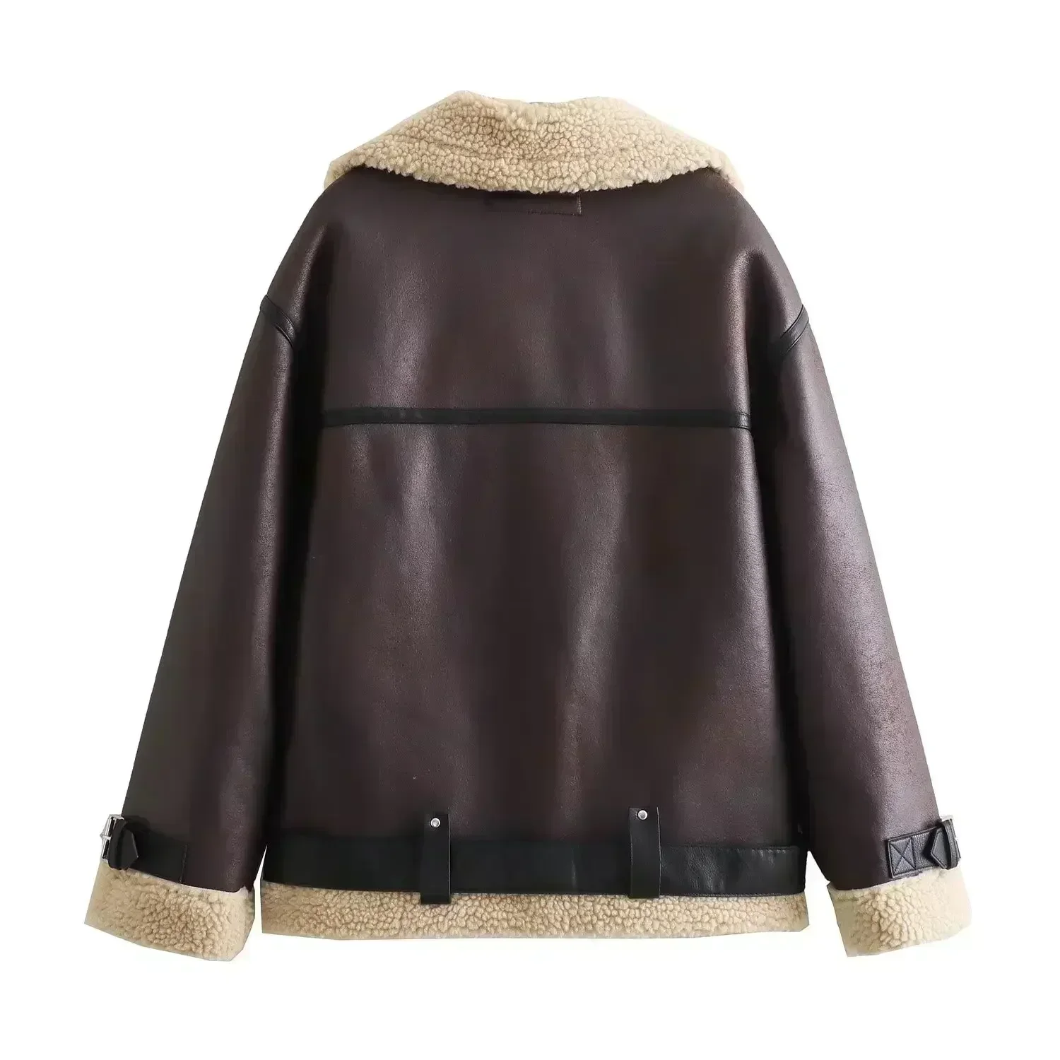 Veste en Faux Cuir avec Ceinture pour Femme, Manteau Vintage à Manches sulf, avec Fermeture Éclair, Nouvelle Mode