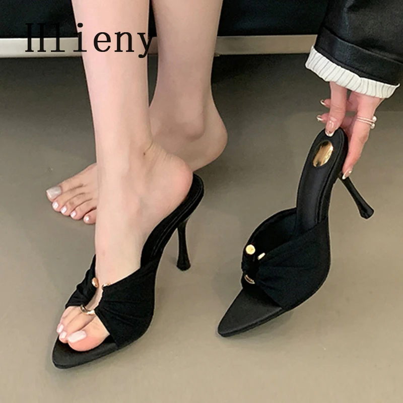 Hlieny Design Metal Buckle Slipper Modern Womens Fashion Summer High Heels Sexy Pointed Toe Nightclub Sandals Stripper Shoes
