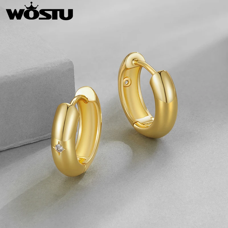 WOSTU - Aros Huggie de Oro de Alta Calidad con Circonita, Pequeños, Chapados en Oro de 14k, Gruesos, Hipoalergénicos, Joyería para Mujer
