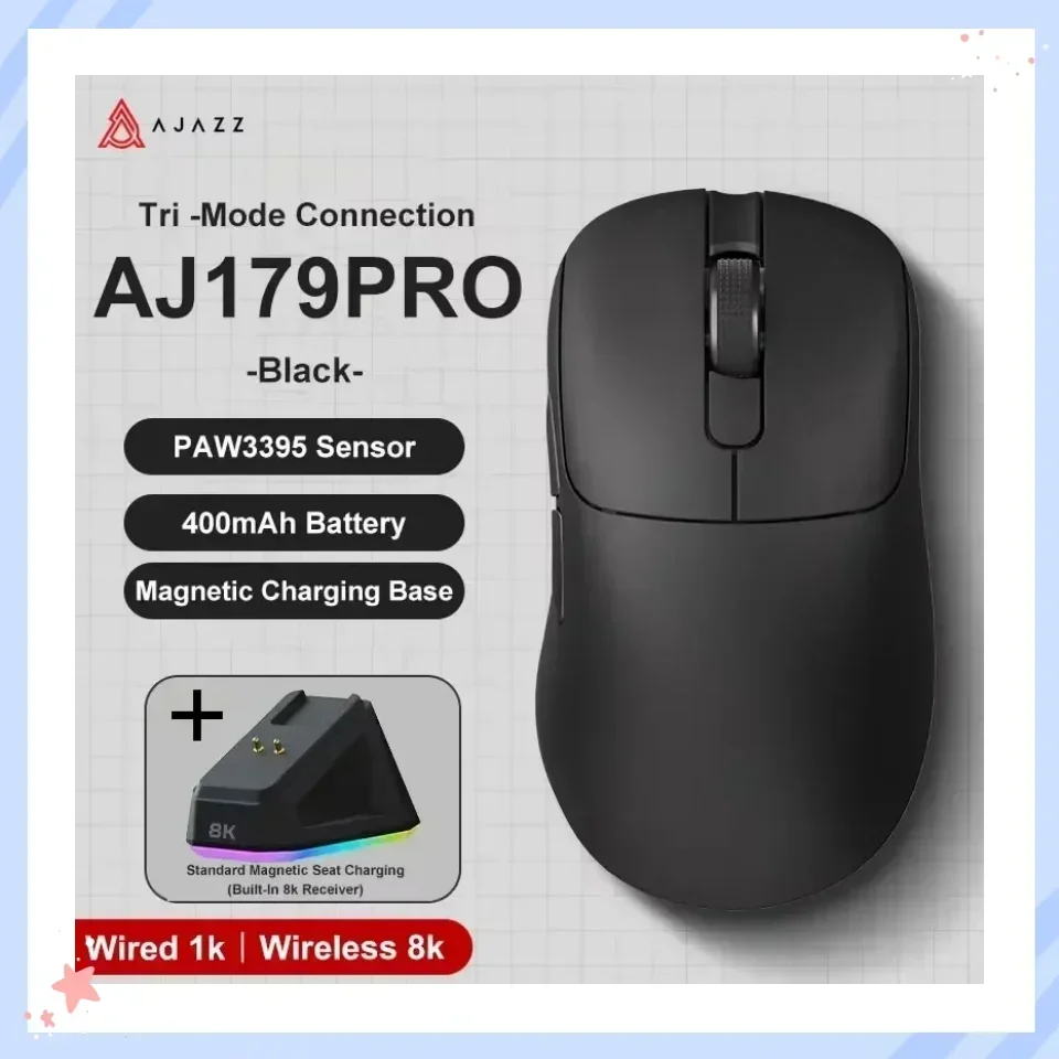 AJAZZ AJ179 PRO8K Wireless Bluetooth Mouse PAW3395 with RGB Charging Dock 26kDPI Low Latency Lightweight Gaming Mouse