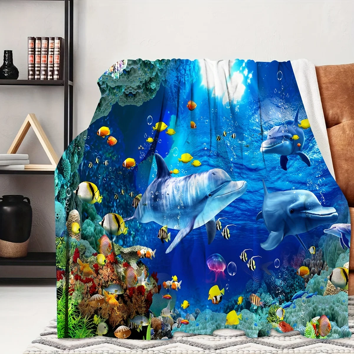 Nautical Themed Flannel Throw Blanket - Machine Washable, Digital Print Ocean Dolphins Design, Soft Warm Polyester for Sofa