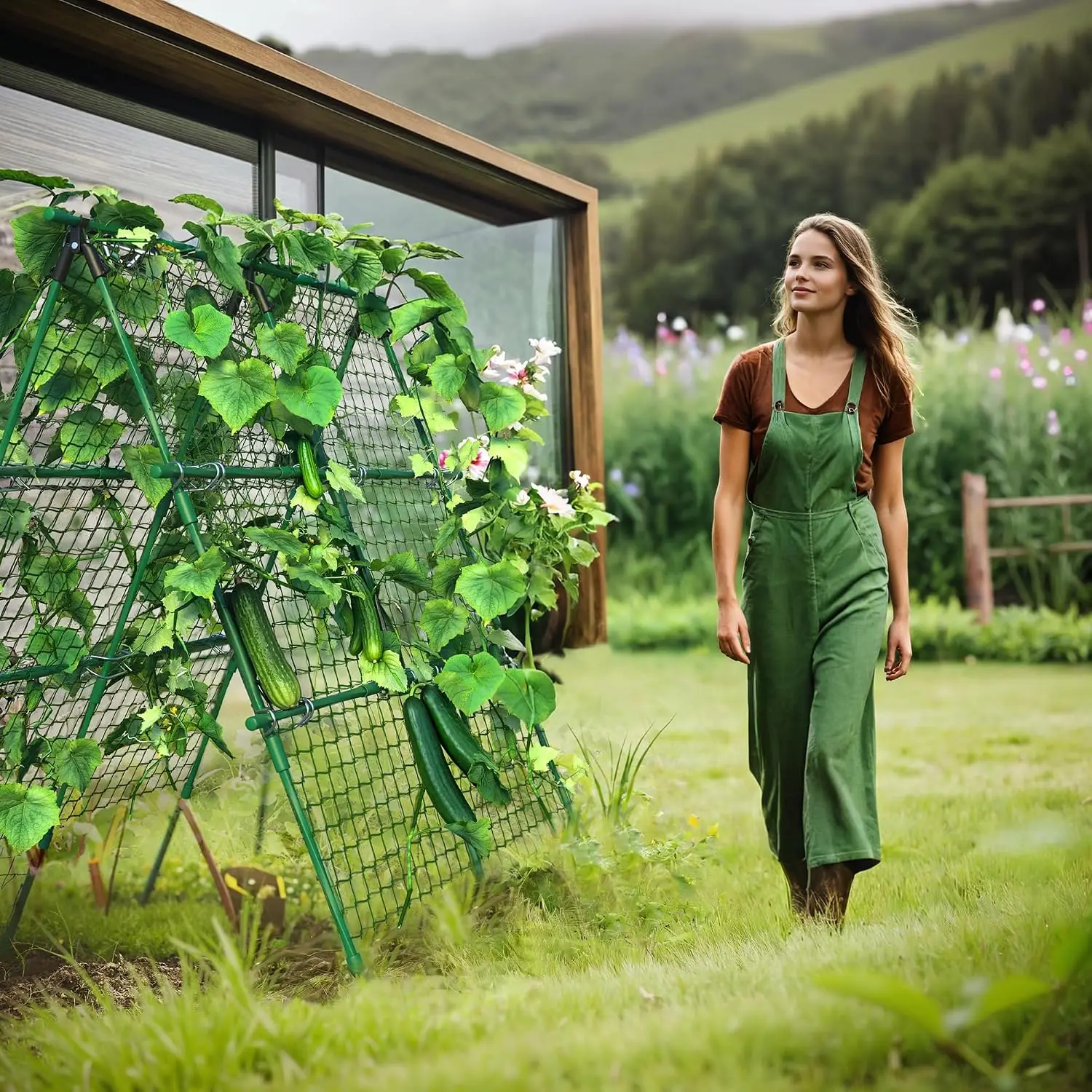 4 x 4 ft Outdoor A-Frame Garden Trellis with Netting, Durable Metal Climbing Plant Support for Tomatoes, Cucumbers, Peas, Beans, Grapes, Tool-Free Assembly & Weather-Resistant