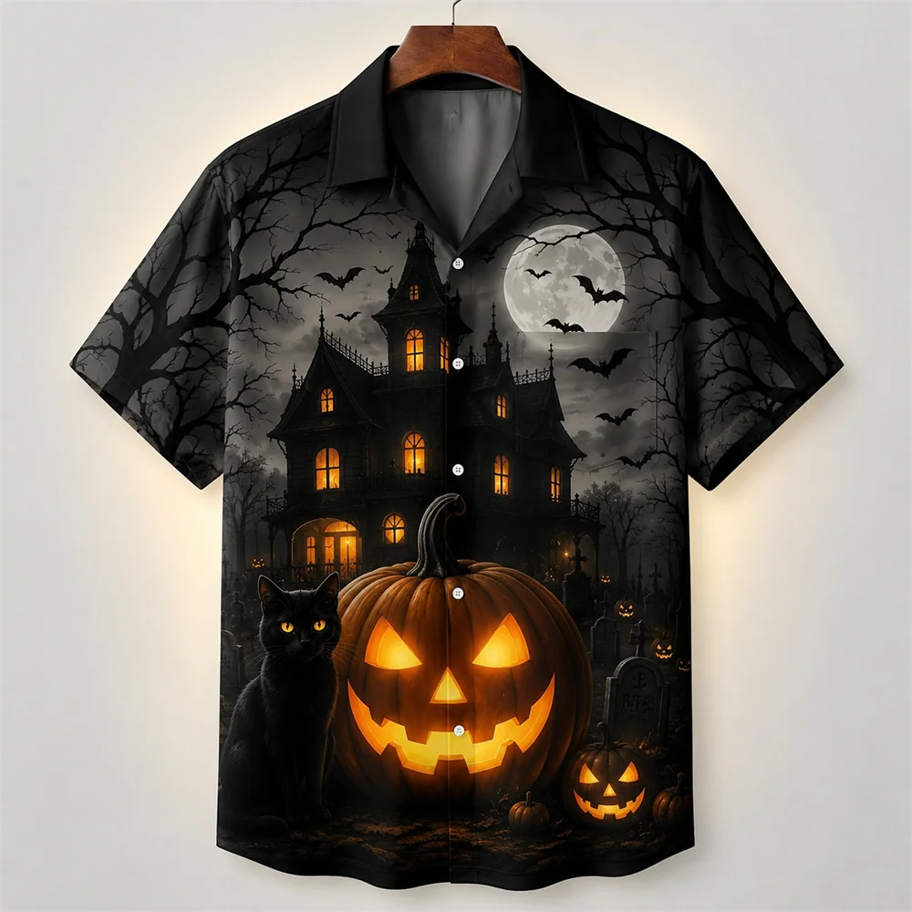 Halloween Jack O Lantern Shirt For Men 3D Horror Ghost Print Short Sleeve Shirt Haunted House Gothic Halloween Party Costume Top