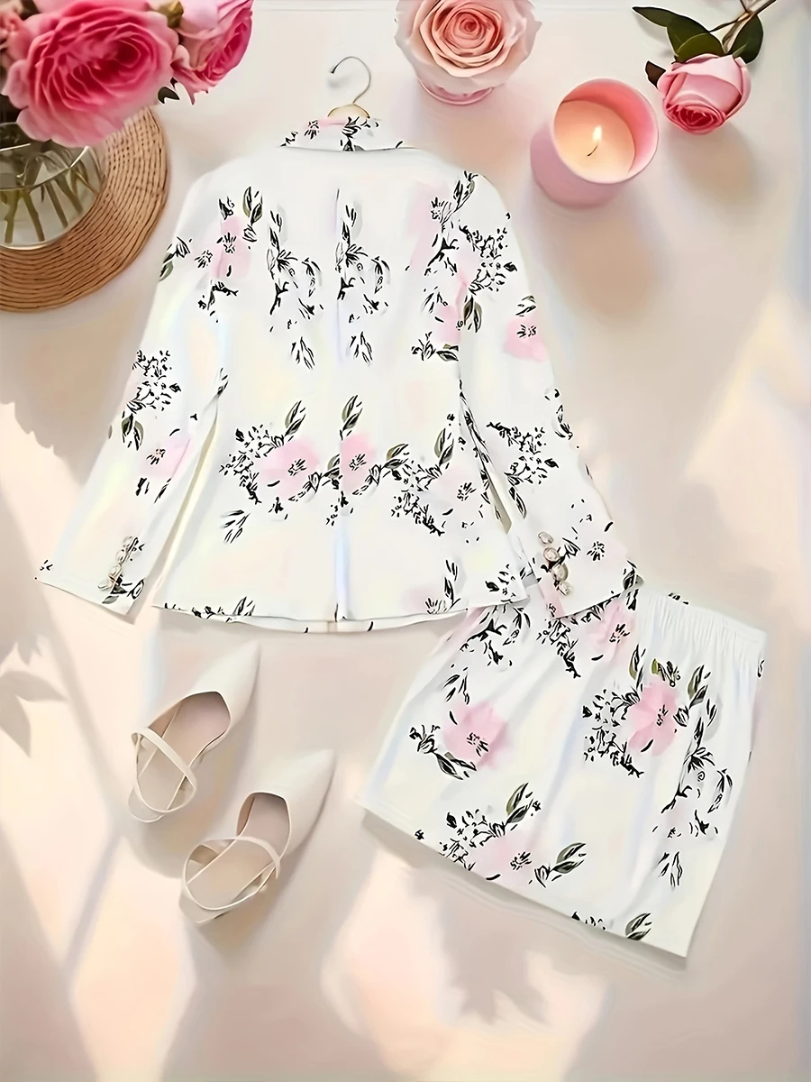 طقم بدلة كاجوال أنيقة بطبعة زهور، طقم مكون من قطعتين، بدلة مزدوجة الصدر بأكمام طويلة وتنورة ضيقة بالقلم الرصاص #3