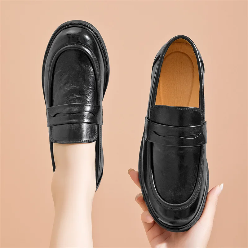 

Retro Women's Flats Genuine Leather Soft Breathable Loafers For Woman Classic Concise Black Cowhide Chunky Heel Casual Shoes