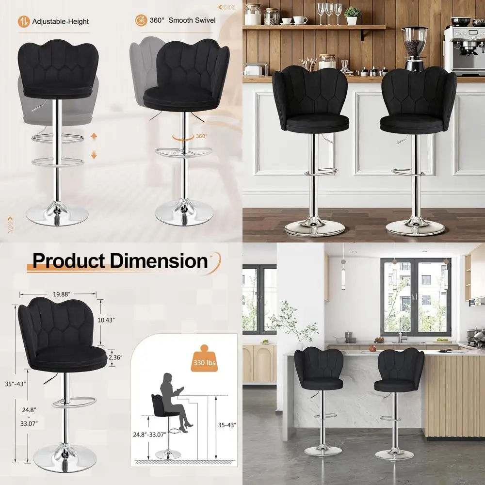 

Pair of Adjustable Velvet Swivel Bar Stools with Back, Ideal for Kitchen Island or Dining Room, Counter Height, Black