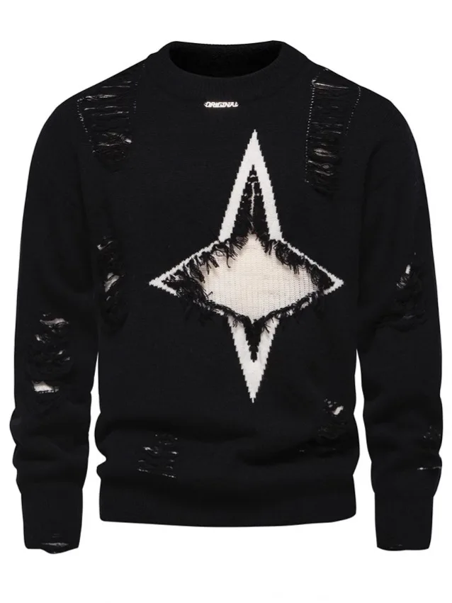 Men's Destroyed Knitted Sweater With Holes Fashion High Streetwear Ripped Pullover Knitwear With Star Pattern Distressed Jumper