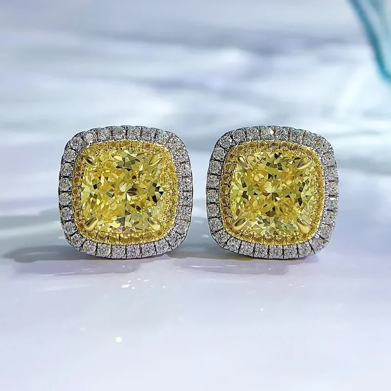 2023 New 8 * 8 Fat Square Yellow Diamond High Carbon S925 Silver Ear Stud European and American Ear Jewelry