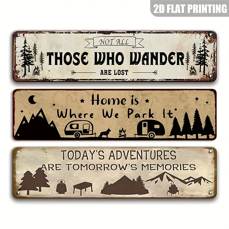 3Pcs Vintage Camping Metal Tin Sign Retro Mountain RV Camper Inspirational Quote Iron Wall Plaque Distressed Rustic Decor Sign