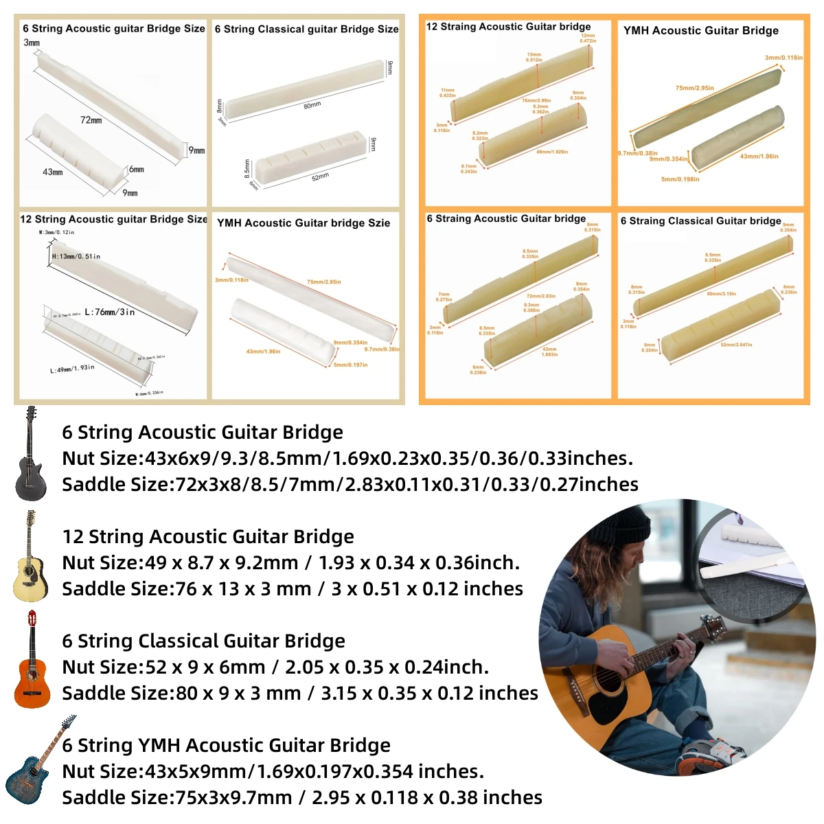 Guitar Bridge 1pairs 6/12 String Acoustic, Classical, YMH Real Bone Guitar Nut Saddle, Unbleached and White, Made of Bovine Bone