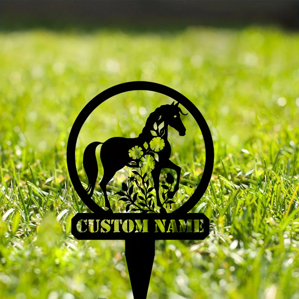 Explore How the Horse Silhouette and Floral Design on the Metal Marker Elevate the Aesthetic Appeal of Yard and Patio