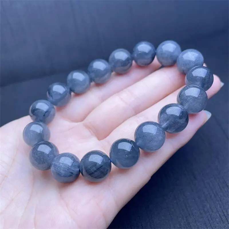 Pulsera de cuarzo con pelo de conejo azul Natural, joyería de cristal hecha a mano, brazalete elástico, regalo de cumpleaños para niños, 1 piezas, 12MM