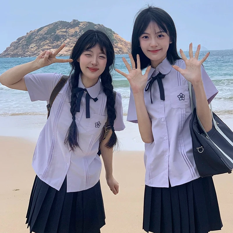 Thailand JK Uniform Set for Middle High School Student Girl Purple Shirt Clothes Thai College Preppy Style Pleated Skirt