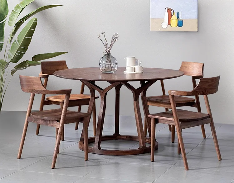 Black walnut round all solid wood dining round table household turntable chair combination large round table