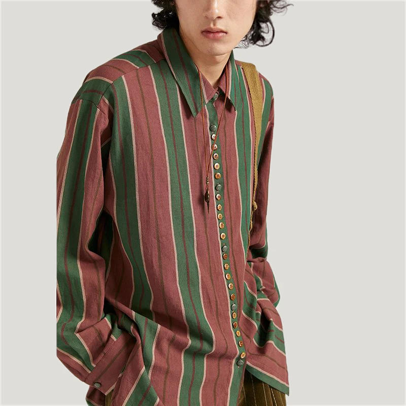 Men Trendy Japanese Style Vintage Streetwear Striped Print Button Up Shirts Y2K Youth Male Casual Long Sleeve Oversize Chic Tops