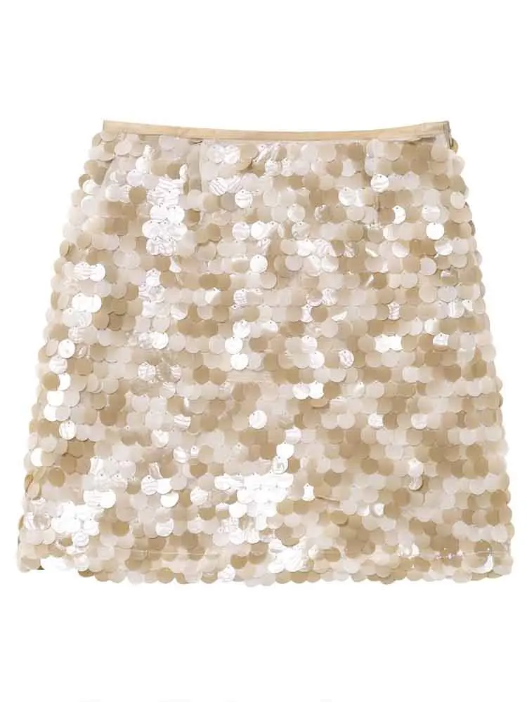 

European style women's new fashion versatile temperament simple beads sequins high waist mini skirt