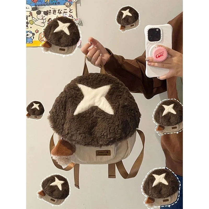 秋冬ぬいぐるみキノコ漫画人形バックパック女性の新 2024 毛皮のようなビッグブックバッグかわいいぬいぐるみバッグデュアルショルダーバッグ