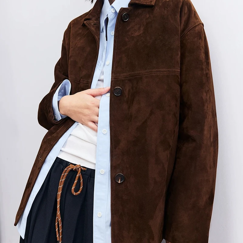 Veste en daim naturel automne femmes nouveau français élégant rétro revers ceinture mince moyen à Long manteau en daim peau de chèvre femme Ropa Mujer