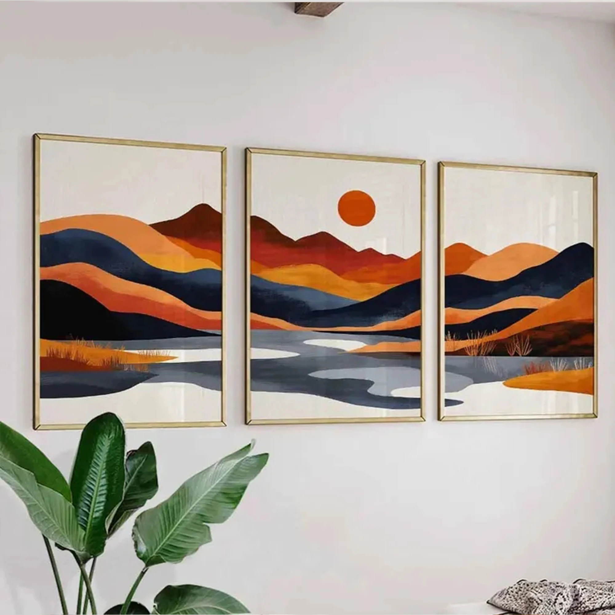 3-teiliges Retro-Japanisches Wandbild mit Orangen- und Blaue-Mountain-Motiv, Kunstdruck auf Leinwand, Poster für Schlafzimmer, Wohnzimmer, Heimdekoration