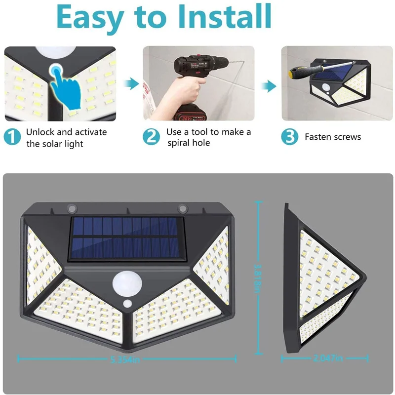 Solar Lights Outdoor 100 LED Wall Lamp PIR Motion Sensor Lights Waterproof Solar Street Light for Garden Porch Yard Garage BLACK