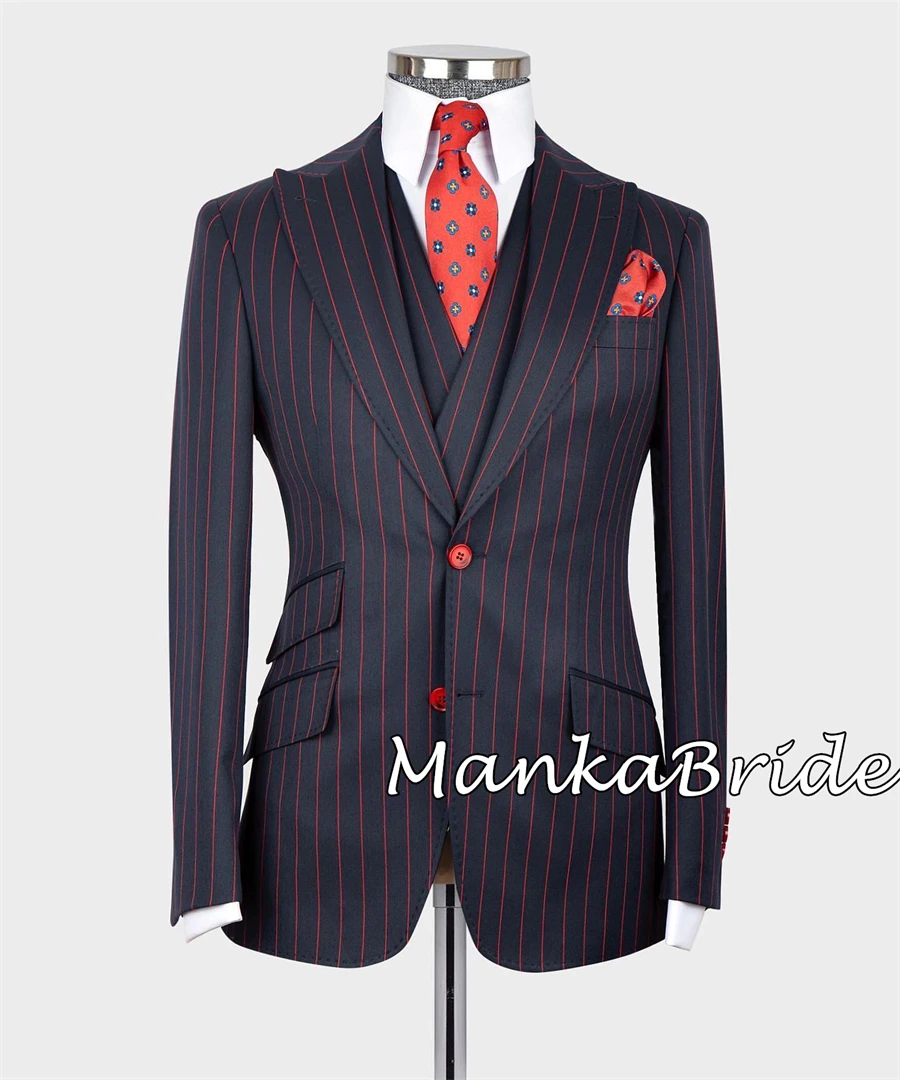 Navy Blue Red Stripe Autumn/Winte  Men\'s Suit for Wedding Groom Tuxedo 3pcs Blazer Pants Formal Business Party Male Costumes