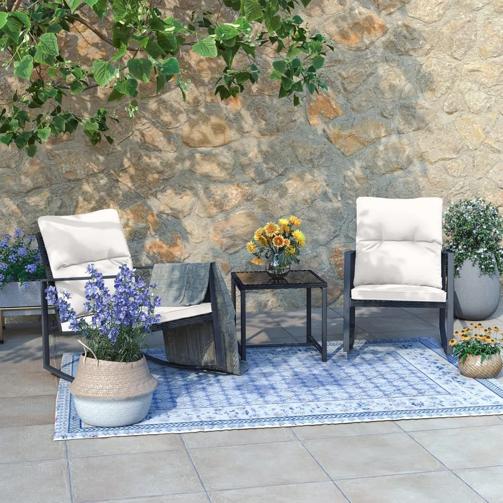 

3 Piece Bistro Set Patio Rocking Chairs Outdoor Porch Furniture w Off-White Cushions,Water Resistant,Glass-Top Coffee Table for