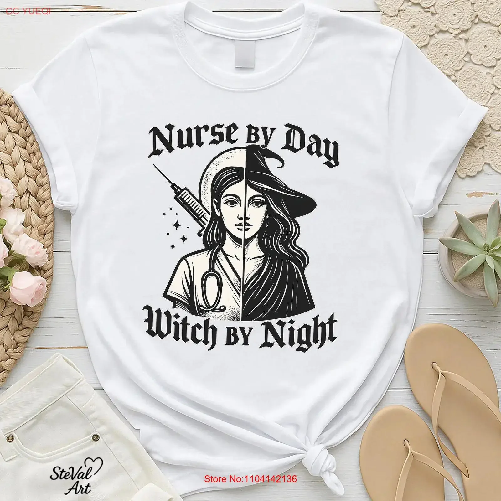 Nurse by Day Witch Night T Shirt Gothic Halloween Witchy RN Dark Aesthetic Medical vintage Washed Top For Everyday Wear Stylish