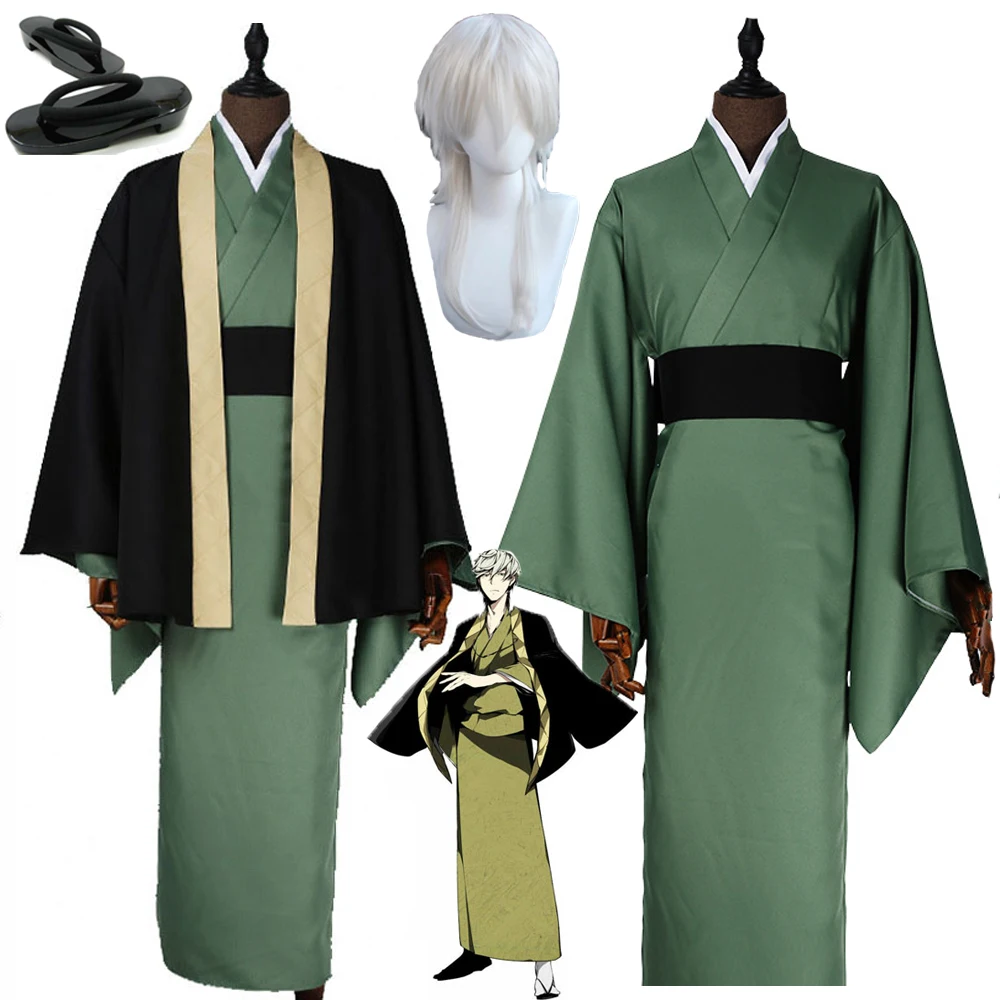 

Anime Bungo Stray Dogs Fukuzawa Yukichi Cosplay Costume Uniforms Kimono Suit Halloween Party Custom Made Cosplay Wig Clogs Suit