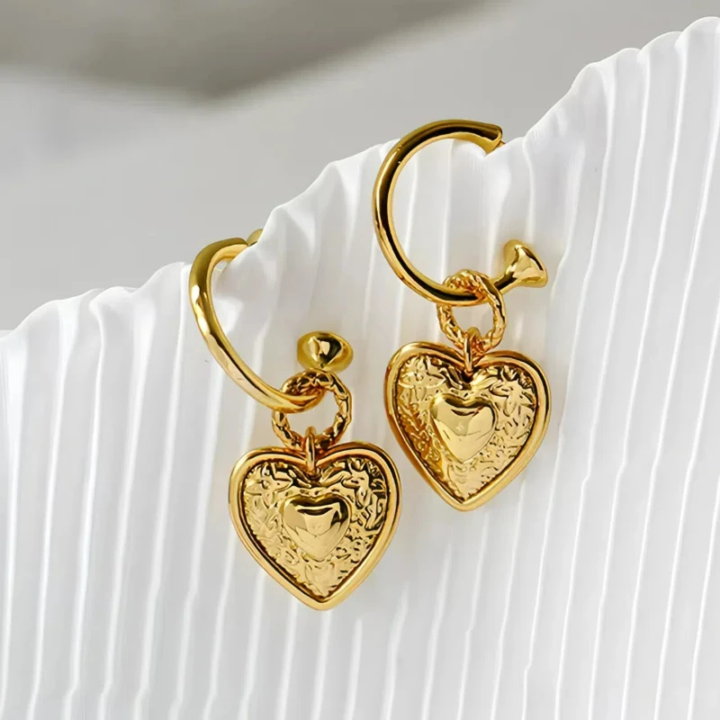 

French Romantic Retro Heart Earrings for Women Simple 18K Gold Plated Stud 3D Relief Decorative Classic Earrings Good Polished
