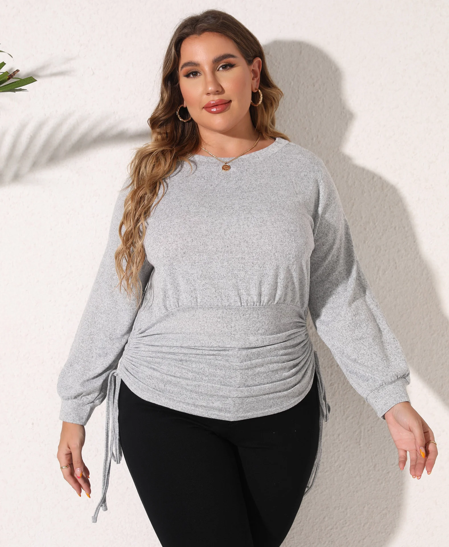 Plus Size Women Sweatshirt Fashion Irregular Pleated Pullover Tops Casual Round Neck Long Sleeve Solid Color T-shirt For Female