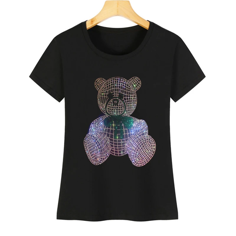 

Fashionable and shiny rhinestone rhinestone cute little bear women's summer ice silk cotton casual T-shirt