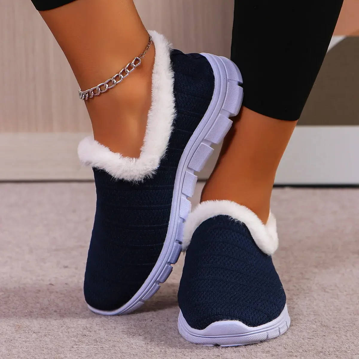 Women's Flat Bottom Knitted Wool Boots, Warm Fleece Lined Autumn Winter Flat Shoes