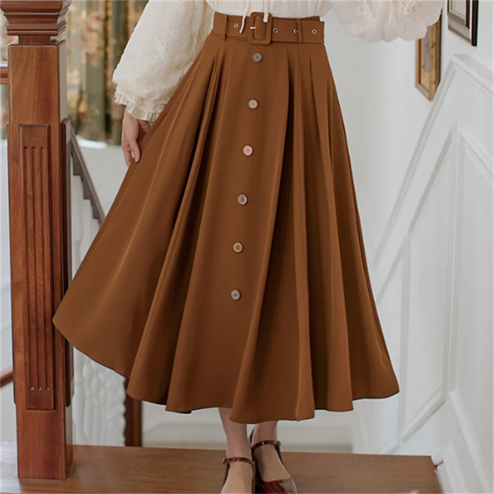 Belt single-breasted large pendulum literary skirt long women faldas largas mujer