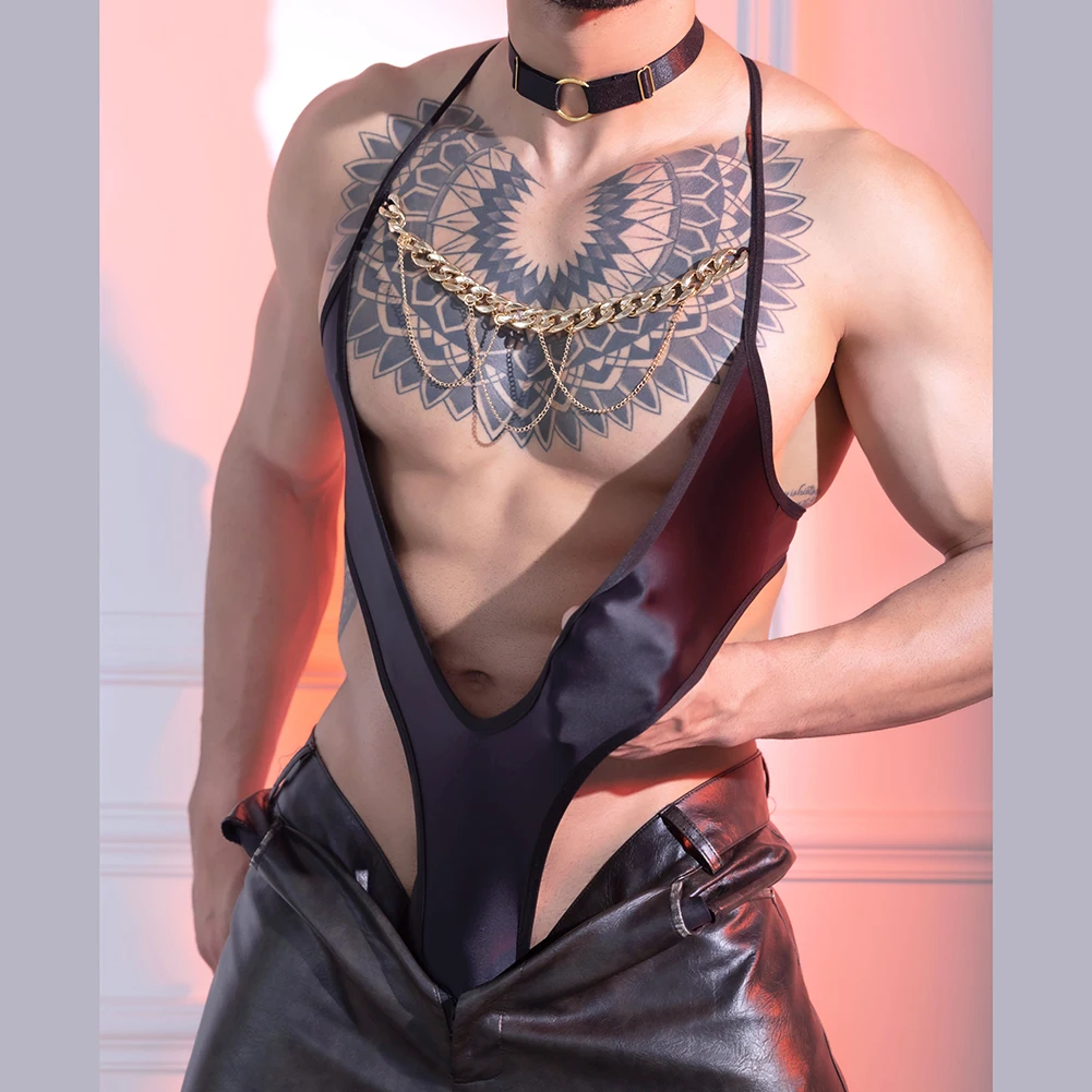 Men Sexy Bodysuit High Cut Oil Glossy Sissy Stretchy Backless Sexy Lingerie Thin Playsuits Sleepwear Lingeries Sexy Hot Costume