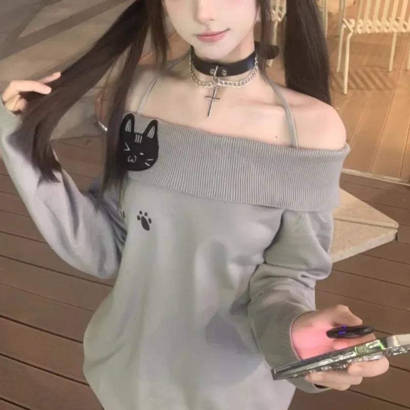 

Spring Kawaii Off-Shoulder Tops Women Cute Loose Knitting Skinny Long Sleeve Pullovers Japanese Fashion Cat Print Pullovers 2025