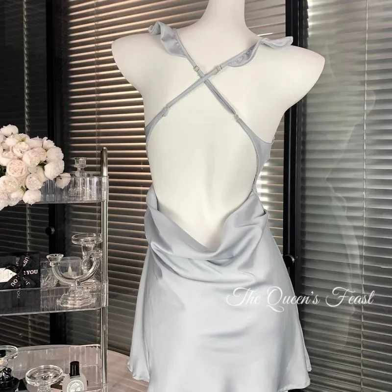 Waves Pure Desire Wind Lace High-end Suspender Nightdress Women Show Chest Shape Ice Silk Thin Sexy Boyfriend Nightdress Pajamas