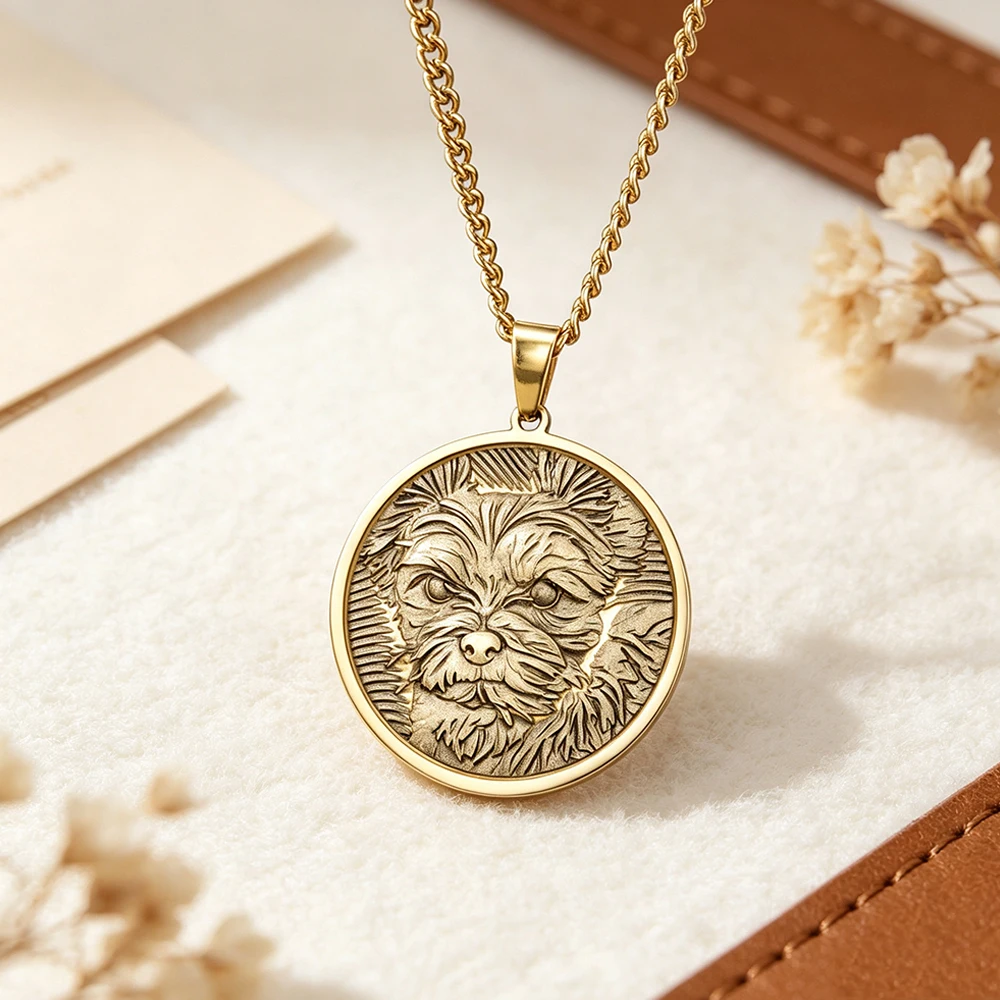 Yorkie Dog Pendant Necklace Embossed Brass Pet Dog Medallion 3D Relief Stainless Steel Chain Animal Portrait Memorial Jewelry