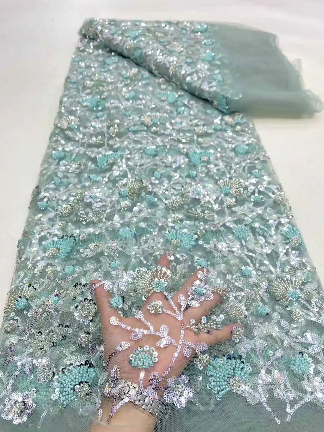 2025 afrikanischer französischer Perlen-Spitzenstoff, hochwertige Spitze, bestickt, nigerianische 3D-Pailletten, Tüll-Spitze, 5 Yards zum Nähen, Partykleid